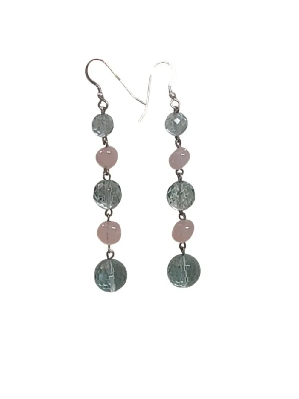 Beaded Dangle Earrings Blue Glass Beads Pink Rose Quartz On .925 Silver Hooks